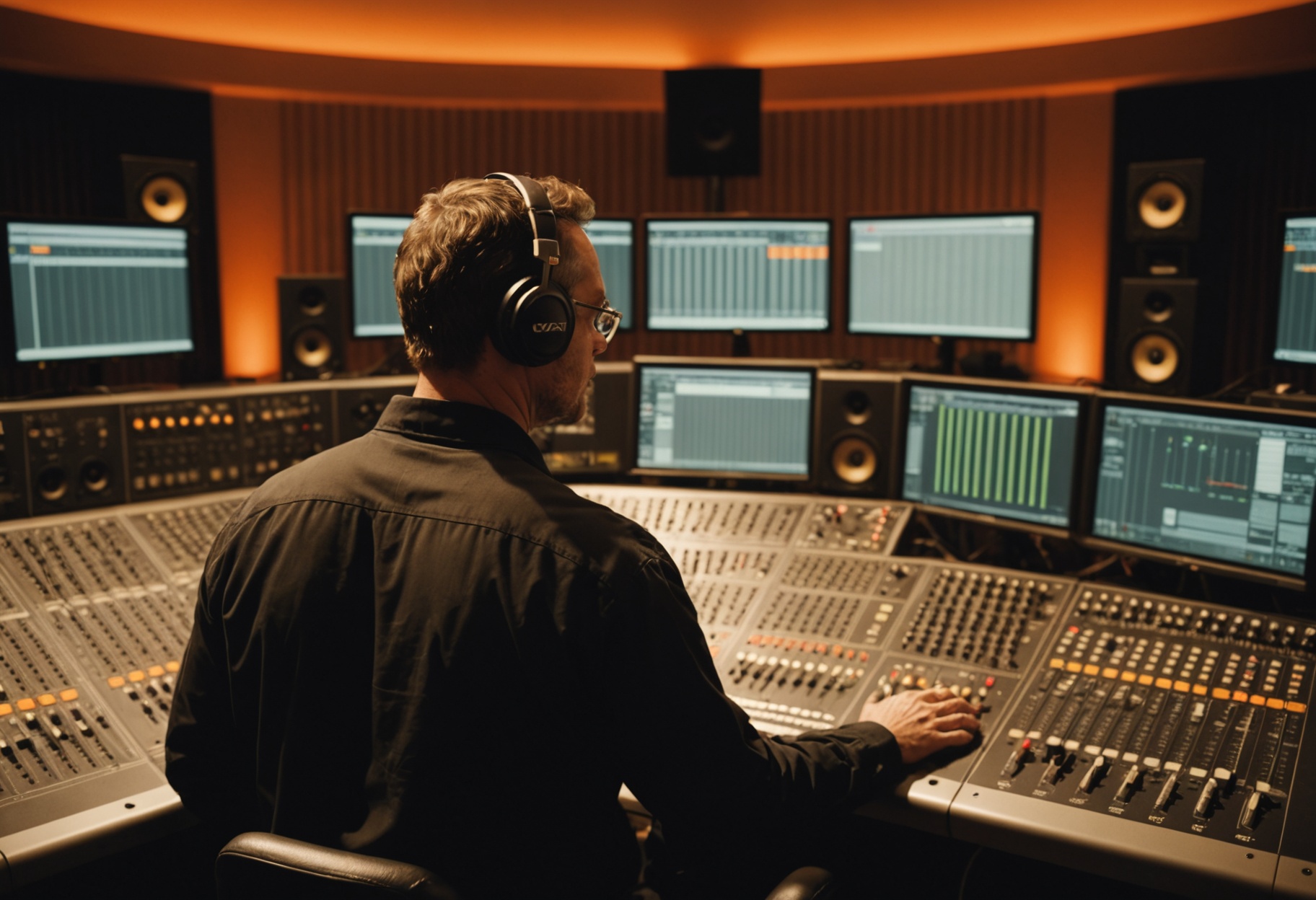 Sound engineer in a professional recording studio control room