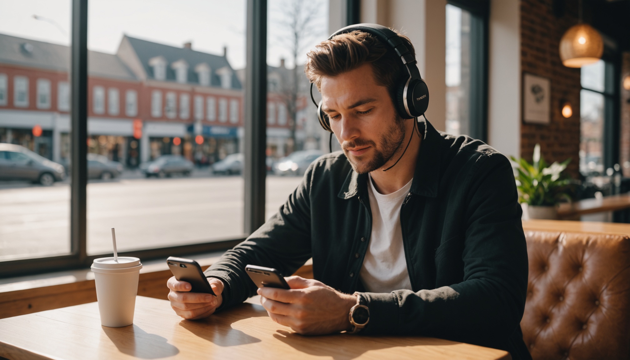 Person with headphones scrolling through podcast app in a coffee shop