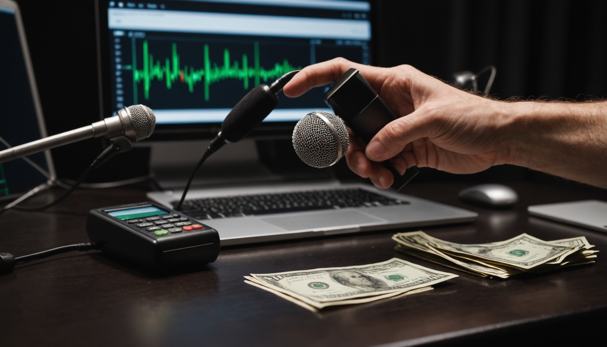 Dollar bills next to a podcast microphone on a desk