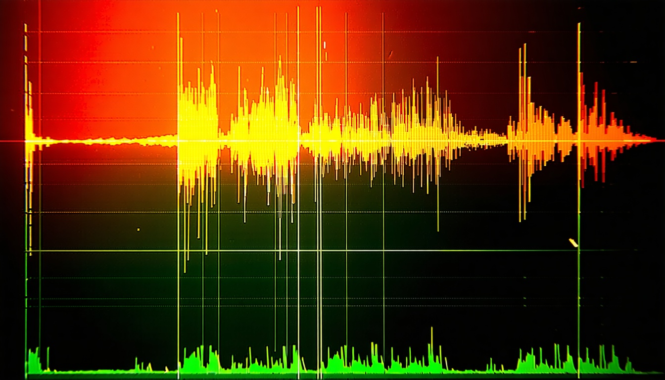 Audio waveform on screen with AI circuit overlay suggesting automated processing