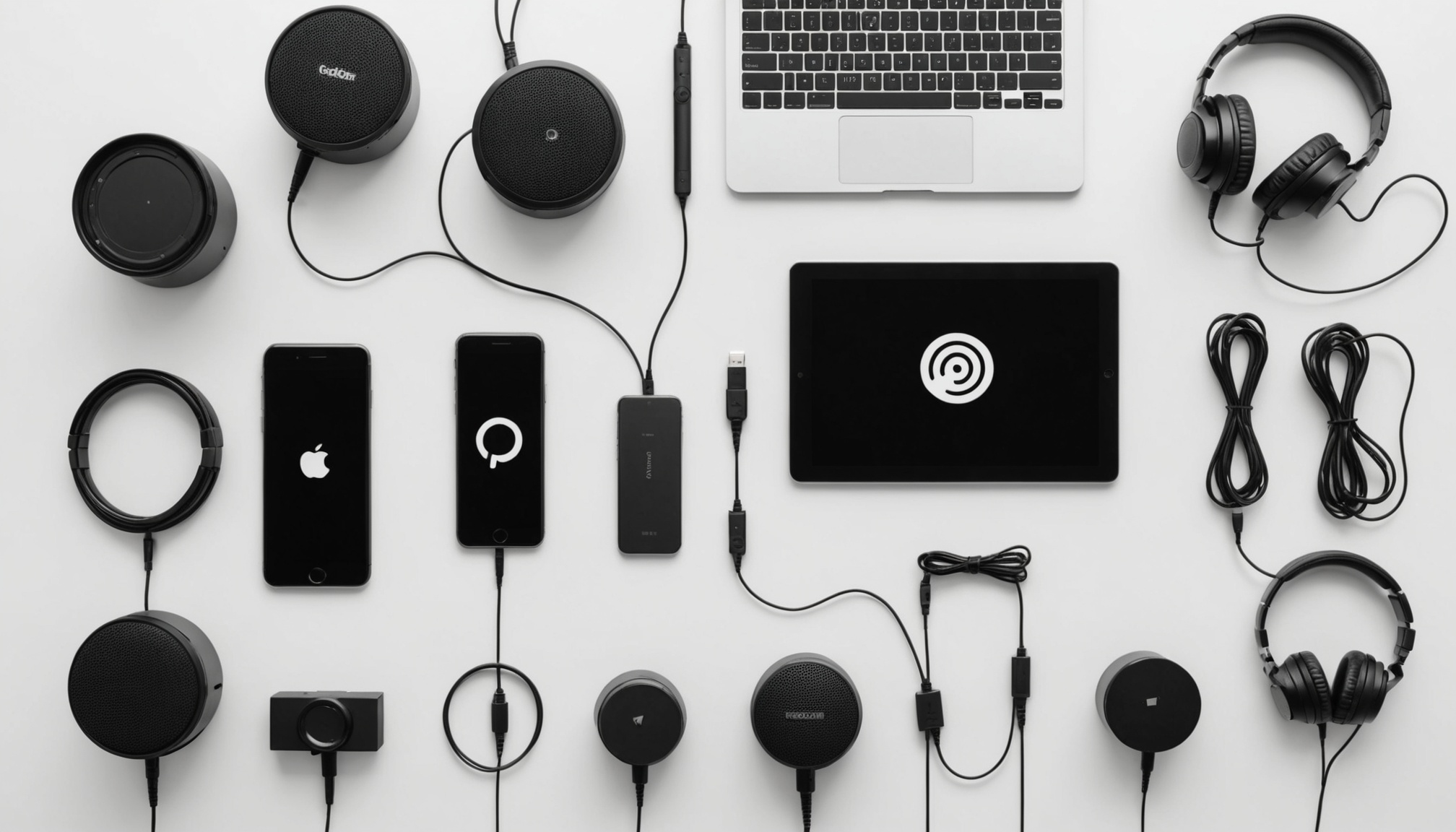 Overhead flat lay of microphone surrounded by podcast listening devices in a spoke pattern