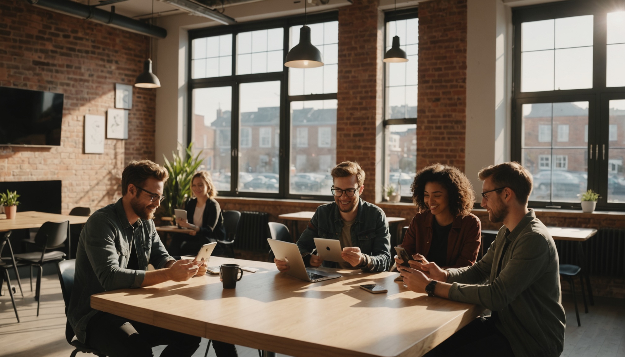 Group of four people gathered in a co-working space around podcast devices