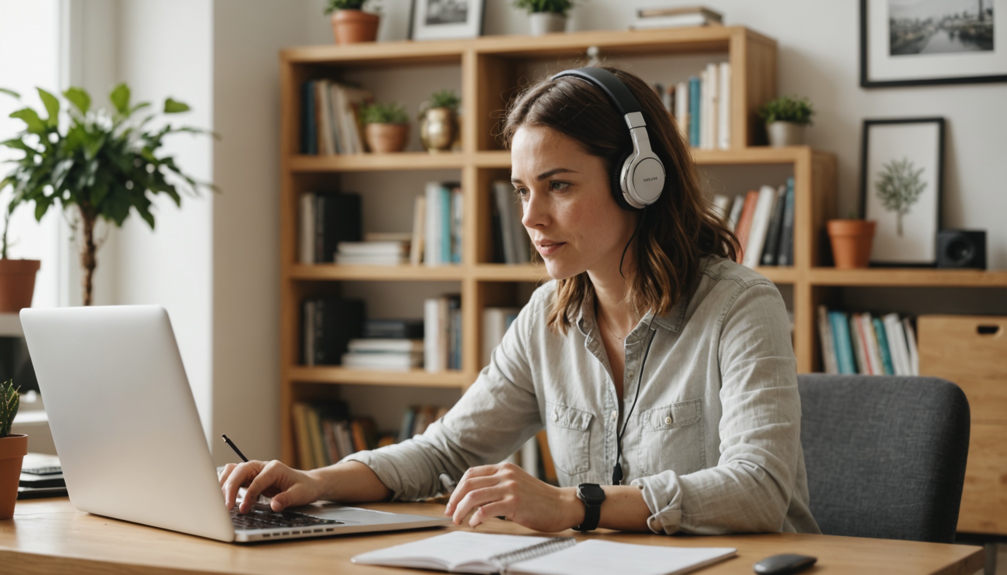 Person recording into USB microphone connected to laptop at home desk