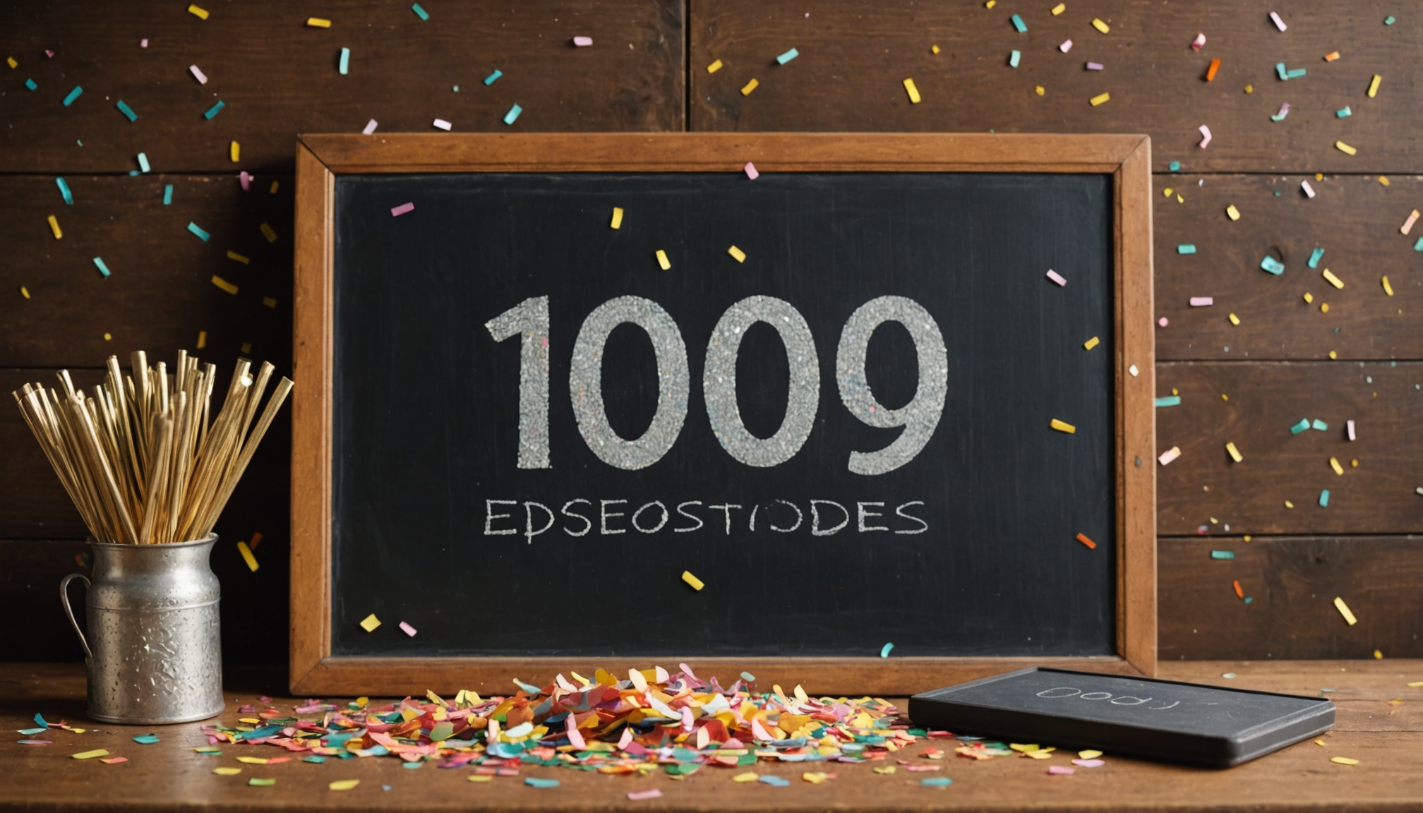 Milestone display showing 100 episodes celebration in a podcast studio
