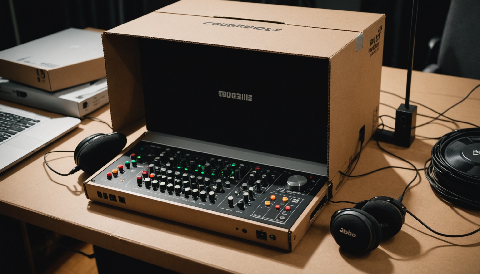 Person packing old audio equipment into a cardboard box leaving behind modern setup