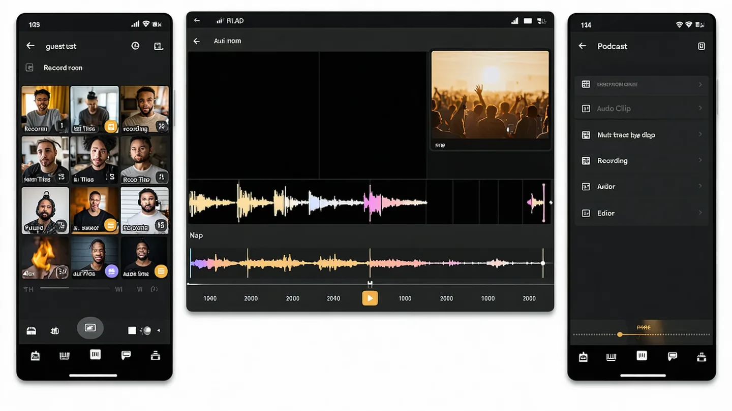 Rebel Audio browser UI showing three panels: recording room with guest video tiles and waveform, multi-track editor timeline, and vertical clip studio with phone frame preview