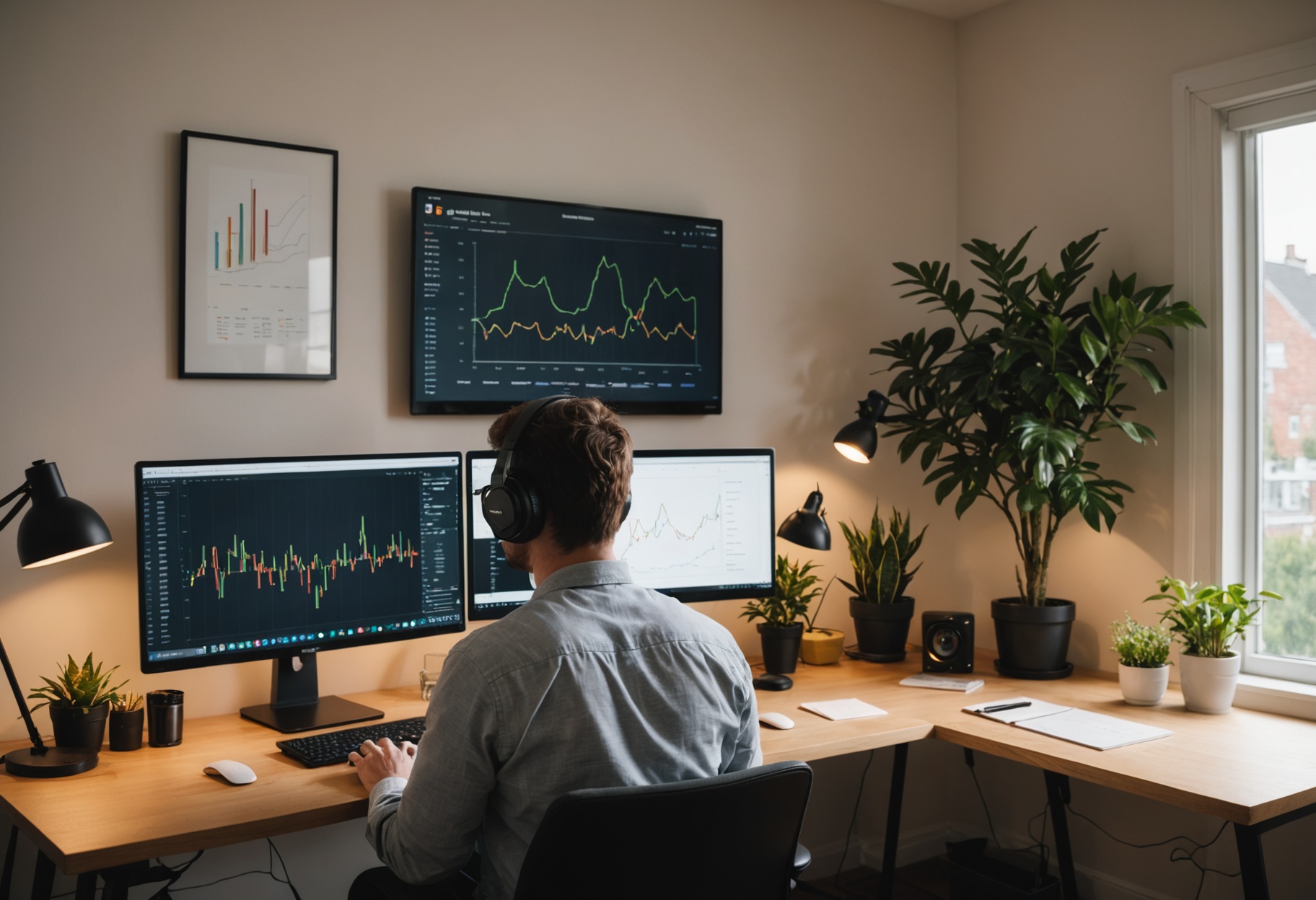 Creator reviewing podcast analytics dashboard on a large monitor